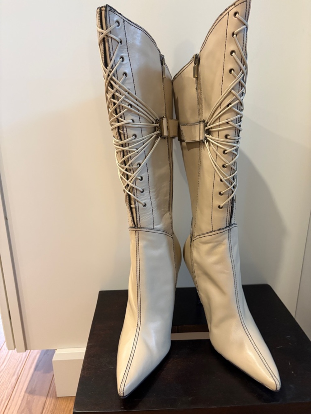Colin Stuart Cream Lace-Up Over-the-Knee Pointed Boots